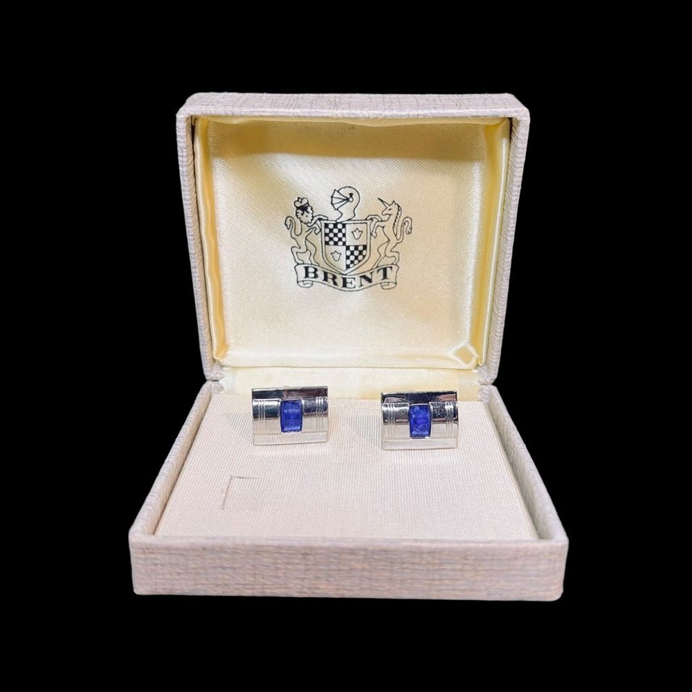 Vintage Brent Silver Tone And Blue Cufflinks (5040)